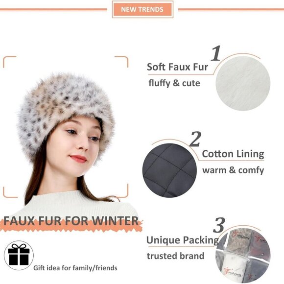 Women\'s Khaki Leopard Winter Faux Fur Cossak Russian Style Hat Warm Cap